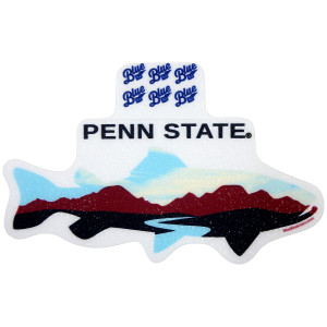 sticker with Penn State above landscape inside trout shape
